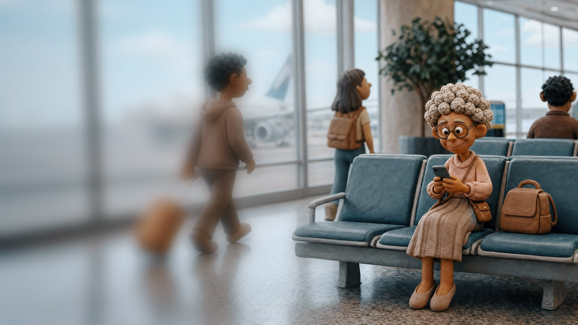 Senhora em claymation consultando o celular numa sala de embarque de aeroporto