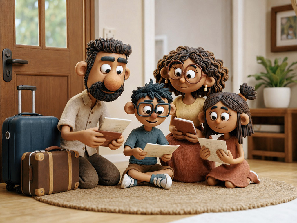 Família em claymation conferindo documentos de viagem em casa