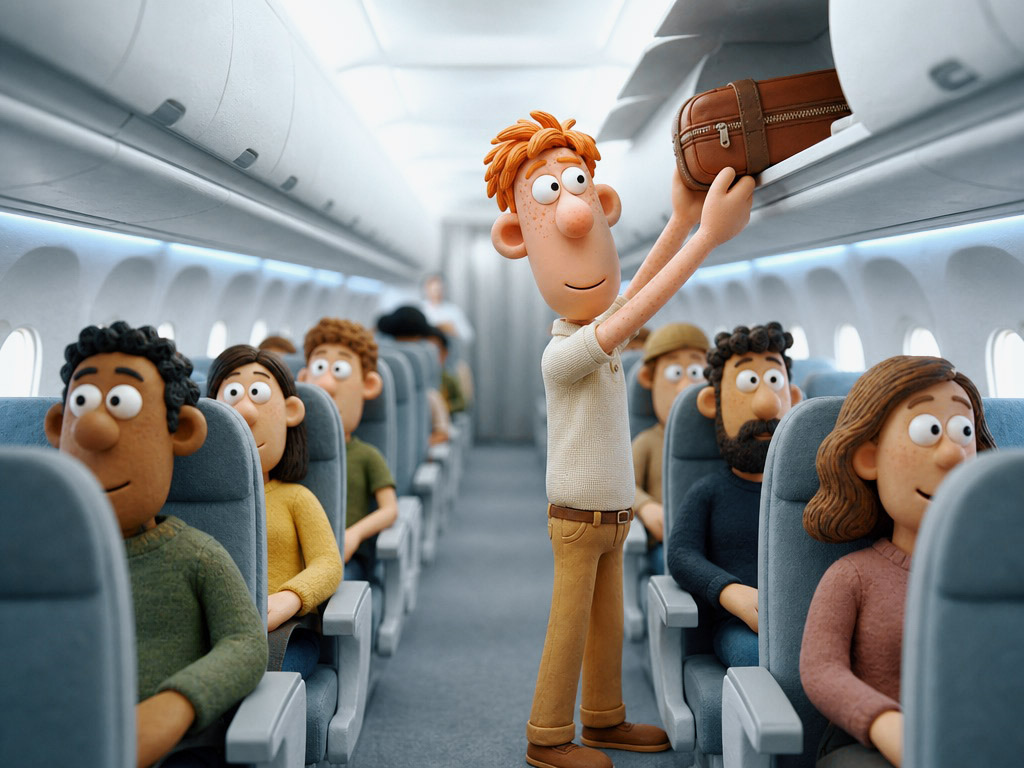 Passageiro em claymation despachando a bagagem dentro do limite