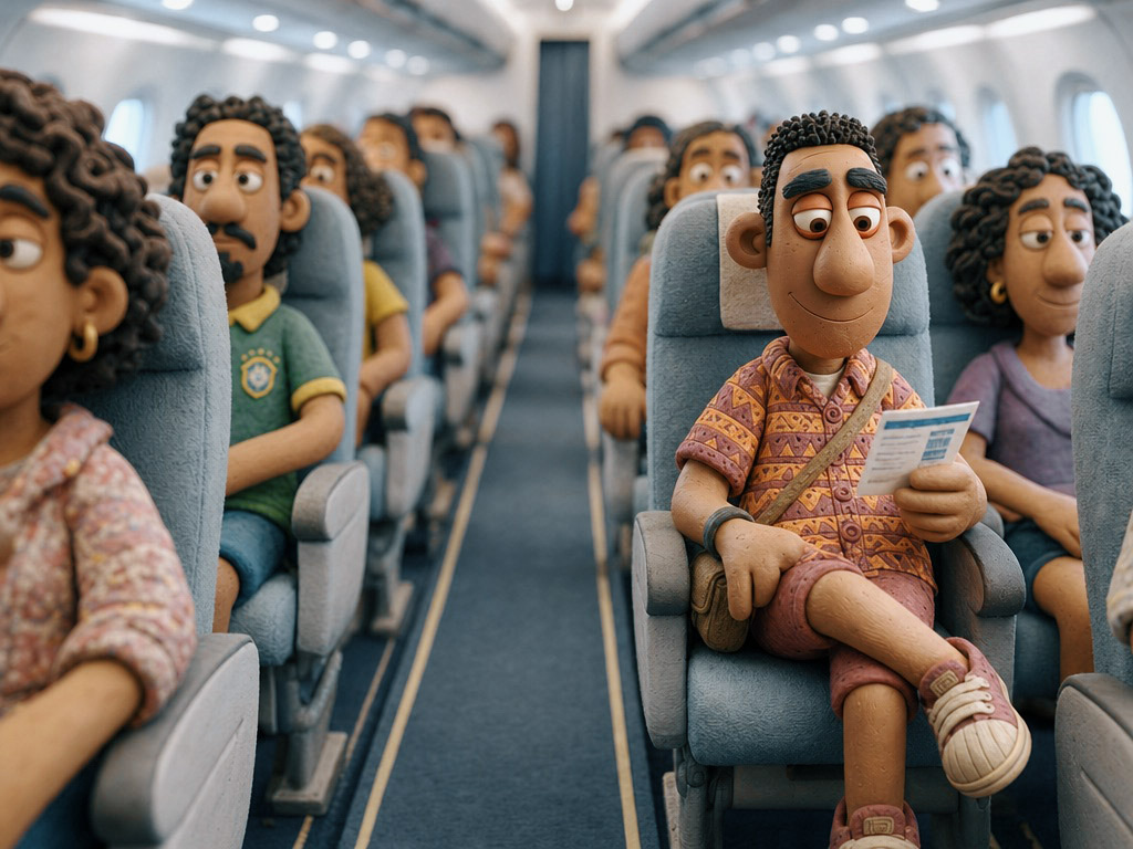 Passageiro em claymation conferindo o assento no cartão de embarque