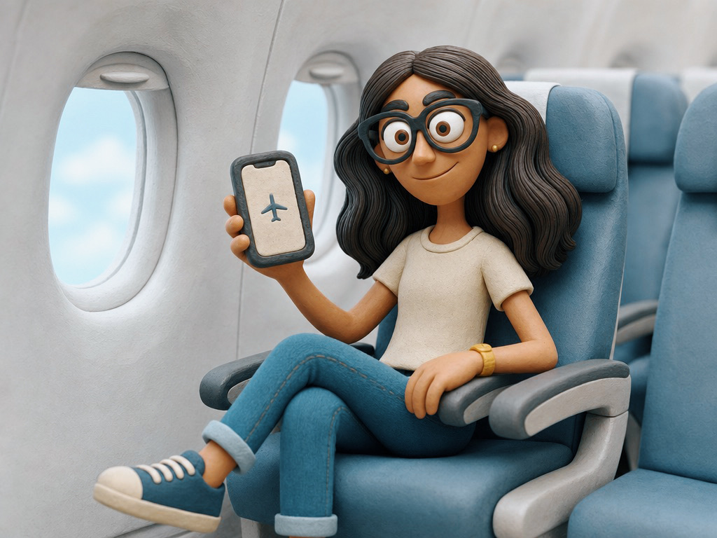 Passageiro em claymation com o celular em modo avião