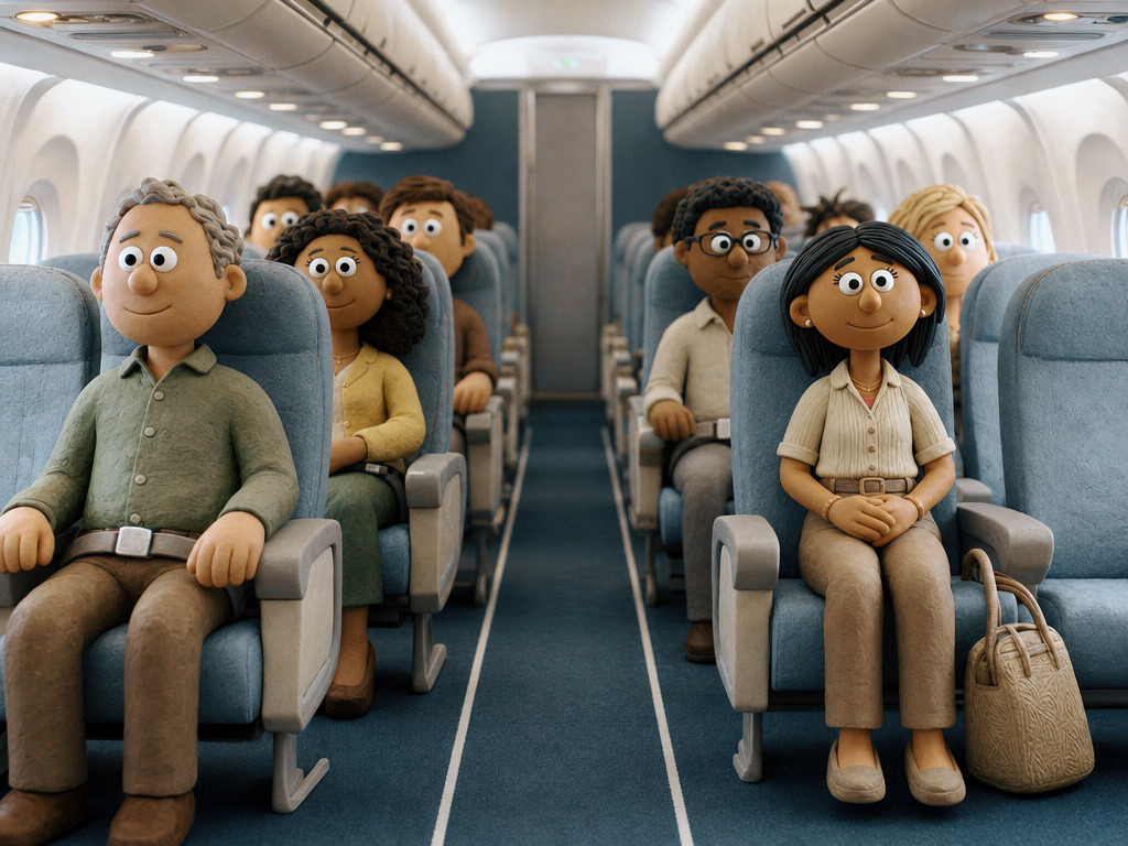 Passageiros em claymation aguardando com calma para desembarcar