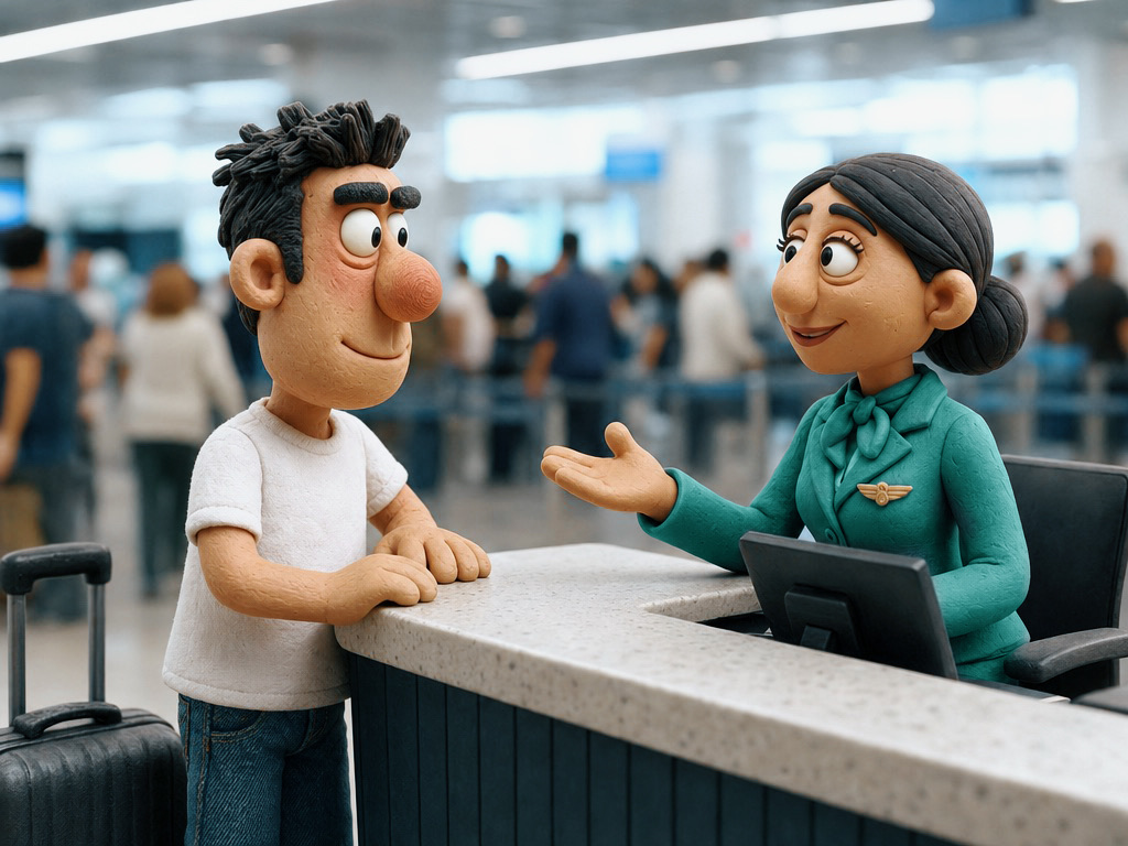 Passageiro em claymation conversando com calma com a tripulação