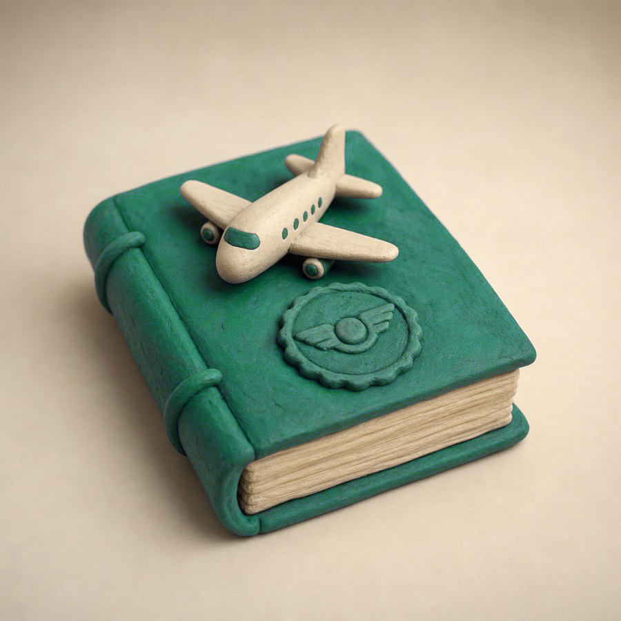 Ilustração em claymation: livro da Resolução 800 com um avião
